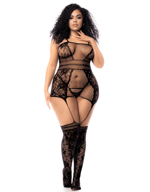 Combinaison grande taille en résille noire - MAL1105XBLK Combinaison grande taille en résille noire - MAL1105XBLK