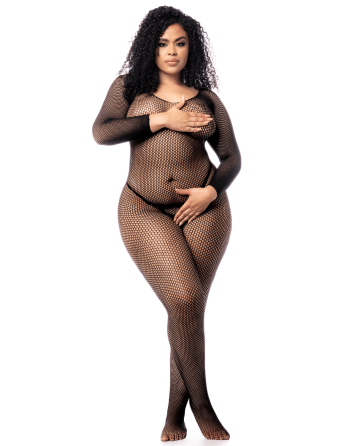 Combinaison grande taille manches longues en résille noire - MAL1102XBLK
