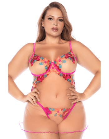 Nuisette grande taille en résille et dentelle florale rose et string assorti - MAL7609XSEGA