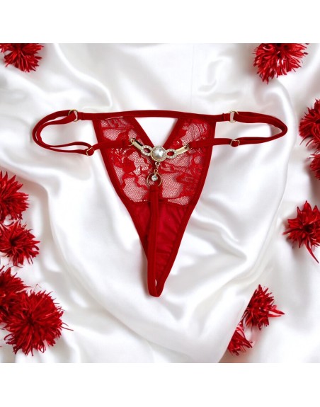 String rouge avec bijou perle  strass dorés - PA06MRED