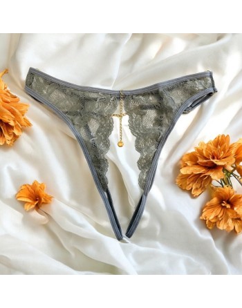 String gris avec bijou couleur aléatoire et chaîne dorée - PA05MGREY