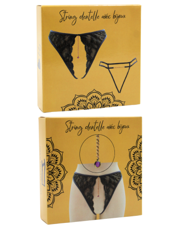 String gris avec bijou couleur aléatoire et chaîne dorée - PA05MGREY