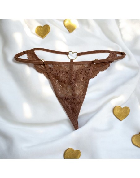 String taupe en dentelle avec bijou cœur doré - PA02MBRW