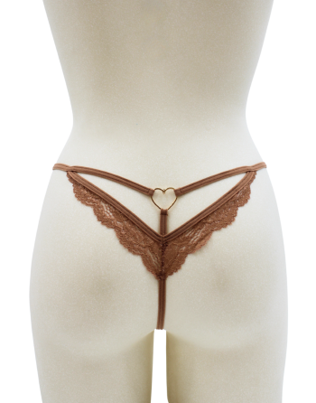 String taupe en dentelle avec bijou cœur doré - PA02MBRW