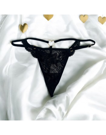String noir en dentelle avec bijou cœur doré - PA02MBLK