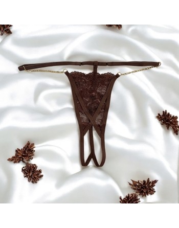String en dentelle marron ouvert avec chaînes dorées - PA01MBRW