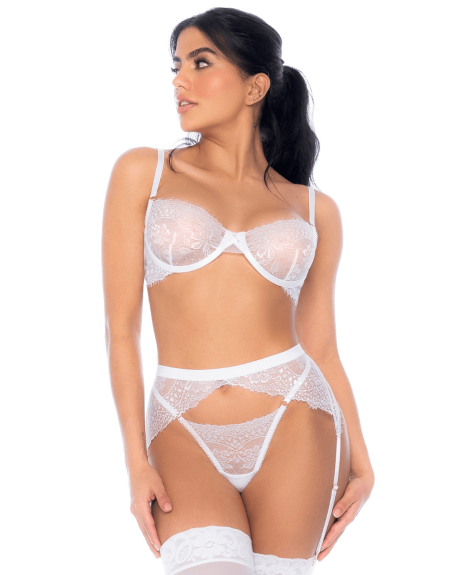 Ensemble 3 pièces en dentelle à cils blanche - MAL8935WHT