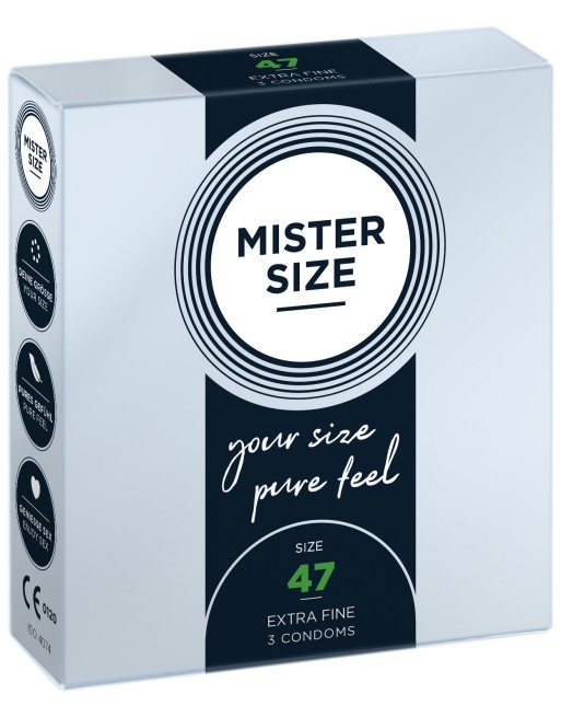 Boite de 3 préservatifs latex avec réservoir, 7 tailles disponibles Mister Size - MS03 Boite de 3 préservatifs latex avec réservoir, 7 tailles disponibles Mister Size - MS03
